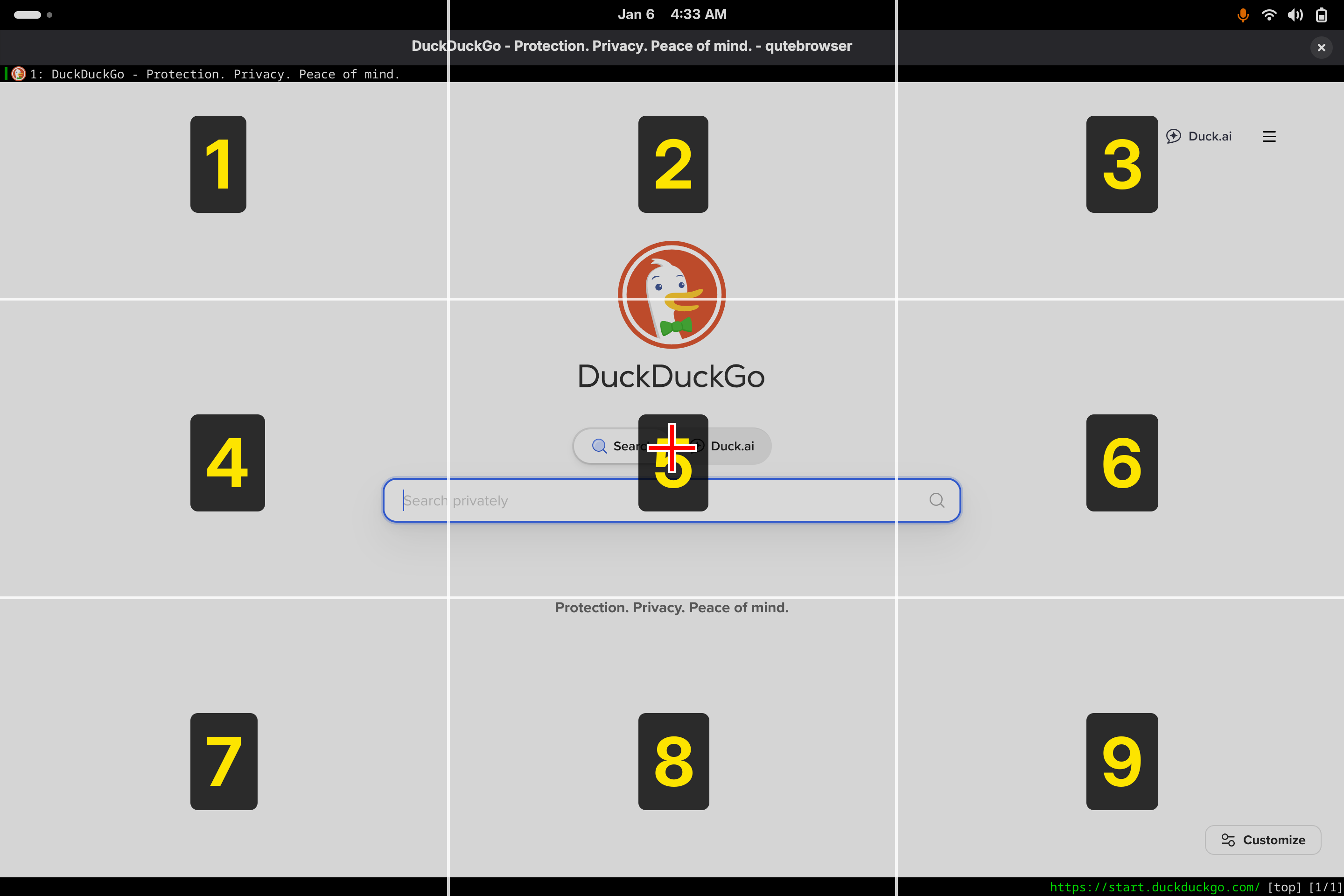 The same numbered grid overlaying the qutebrowser window on the DuckDuckGo start page